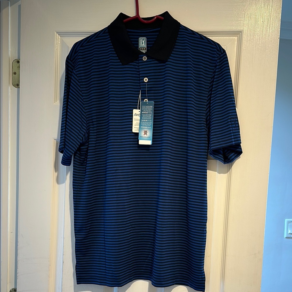 BNWT PGA Tour Men's Navy and Black Striped Polo Shirt